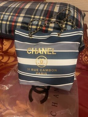 GWP Navy, White and Gray Striped Tote with Gold Logo and Chain Handles